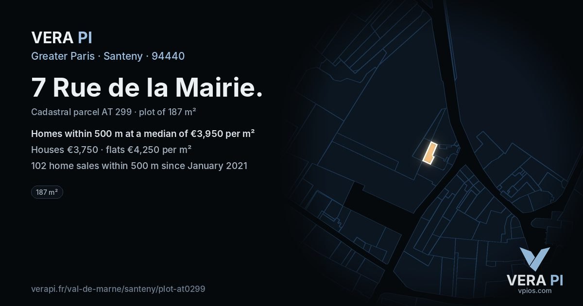 7 Rue de la Mairie, Santeny at night – the plot lit, the parcels around coloured by the prices near them