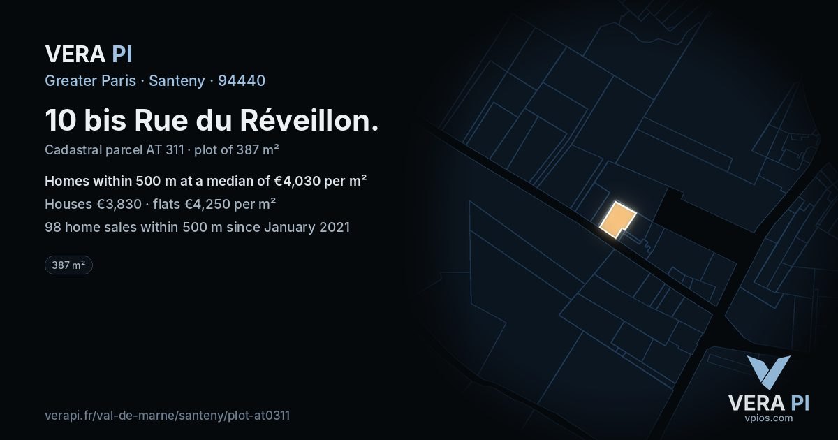 10 bis Rue du Réveillon, Santeny at night – the plot lit, the parcels around coloured by the prices near them