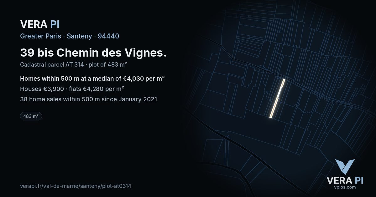 39 bis Chemin des Vignes, Santeny at night – the plot lit, the parcels around coloured by the prices near them