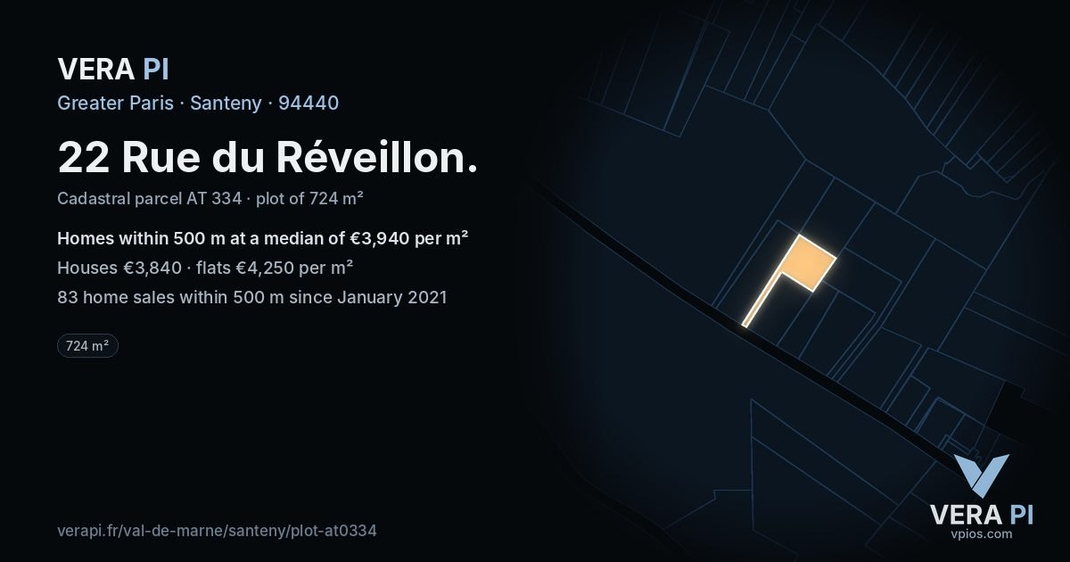 22 Rue du Réveillon, Santeny at night – the plot lit, the parcels around coloured by the prices near them