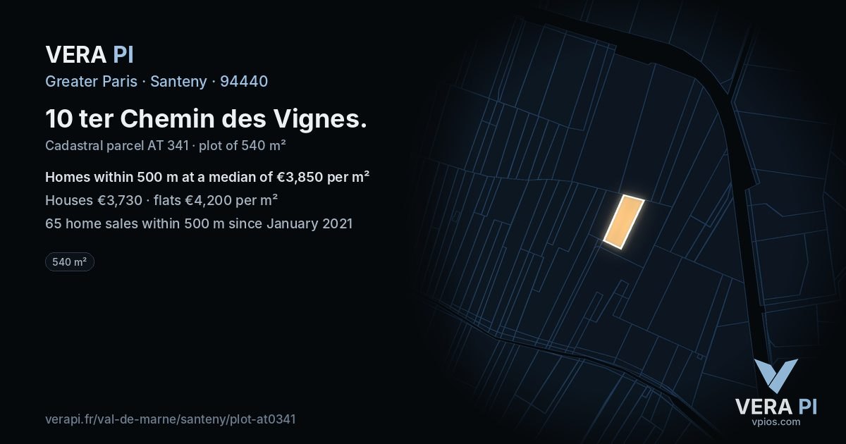 10 ter Chemin des Vignes, Santeny at night – the plot lit, the parcels around coloured by the prices near them