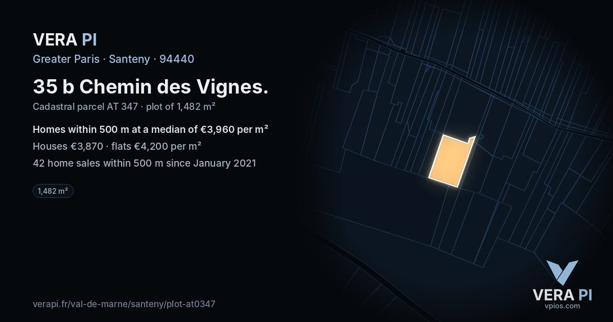 35 b Chemin des Vignes, Santeny at night – the plot lit, the parcels around coloured by the prices near them