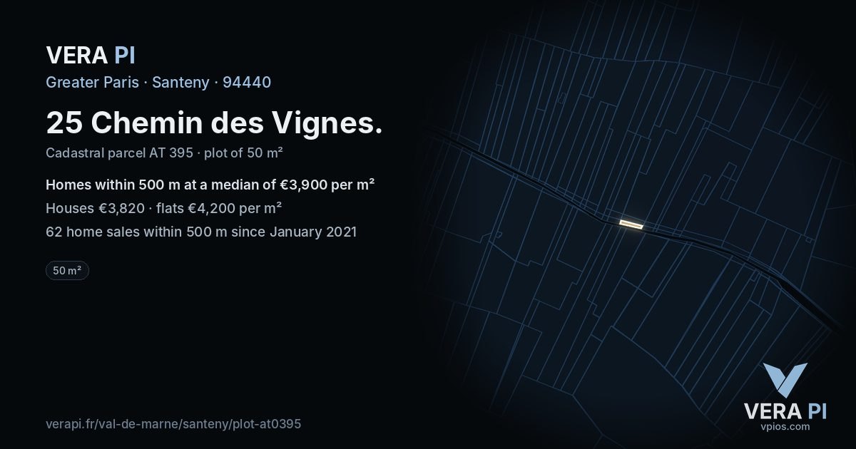 25 Chemin des Vignes, Santeny at night – the plot lit, the parcels around coloured by the prices near them