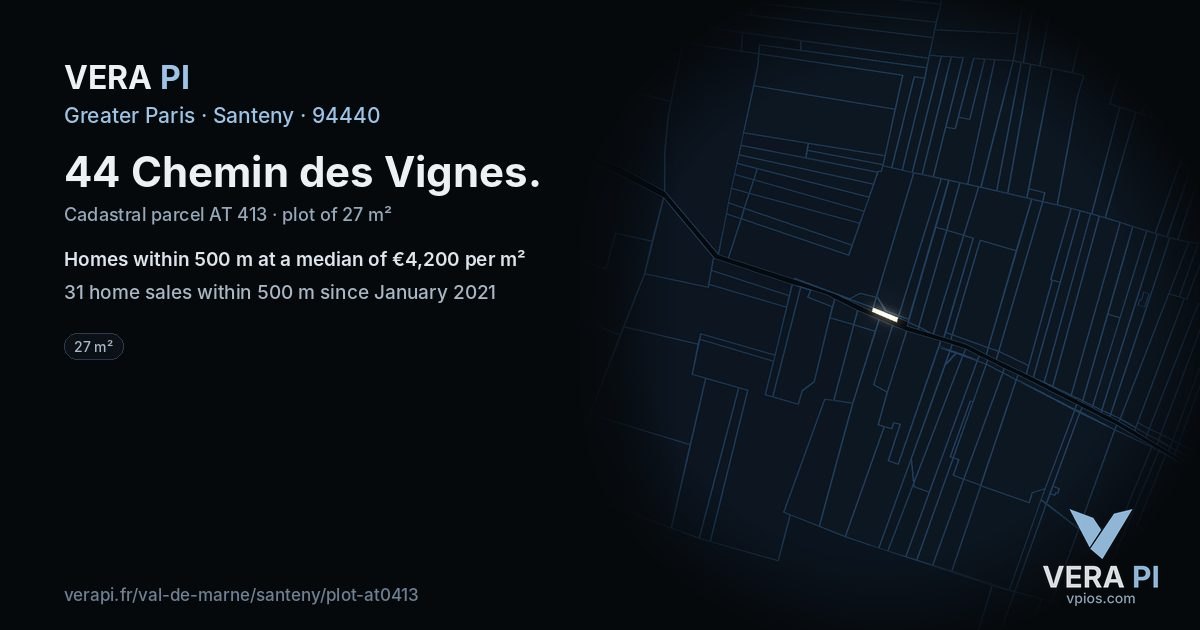 44 Chemin des Vignes, Santeny at night – the plot lit, the parcels around coloured by the prices near them