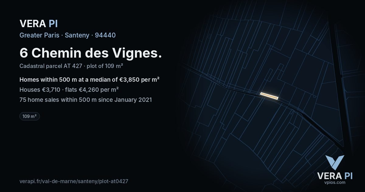 6 Chemin des Vignes, Santeny at night – the plot lit, the parcels around coloured by the prices near them