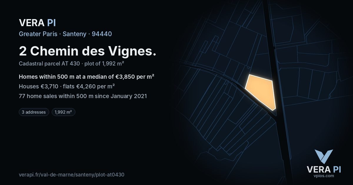 2 Chemin des Vignes, Santeny at night – the plot lit, the parcels around coloured by the prices near them