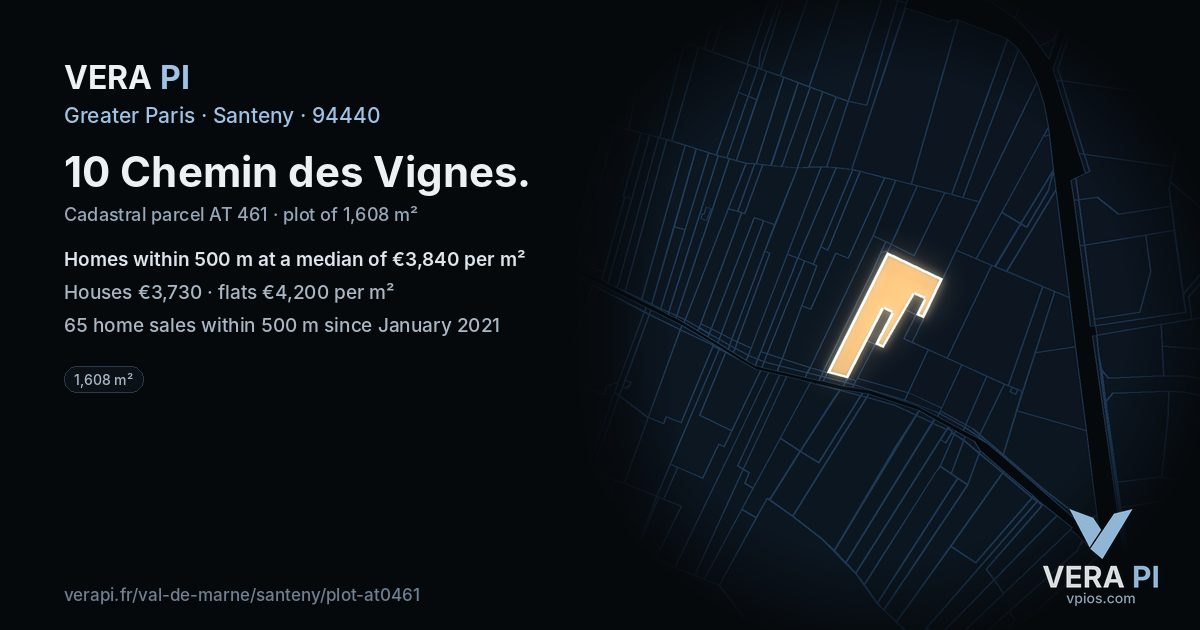 10 Chemin des Vignes, Santeny at night – the plot lit, the parcels around coloured by the prices near them
