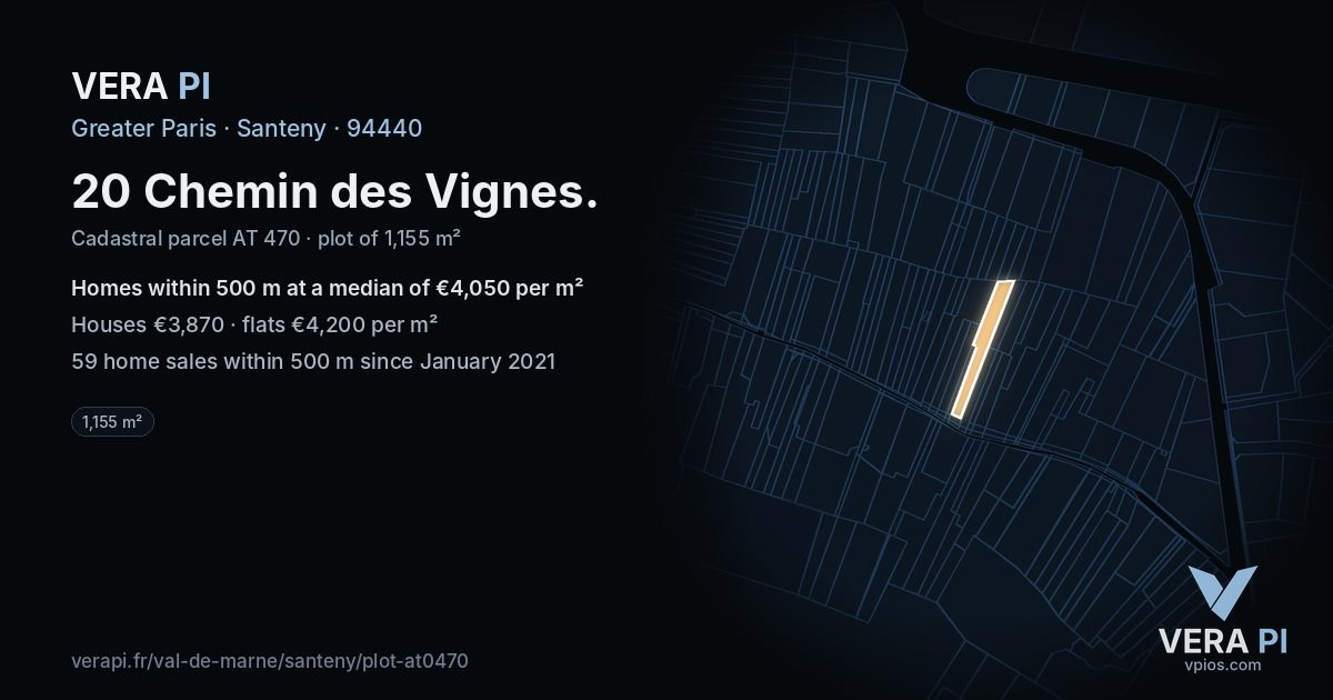 20 Chemin des Vignes, Santeny at night – the plot lit, the parcels around coloured by the prices near them