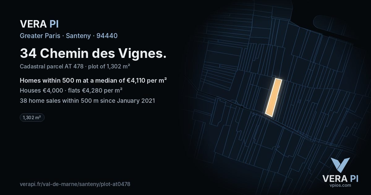 34 Chemin des Vignes, Santeny at night – the plot lit, the parcels around coloured by the prices near them