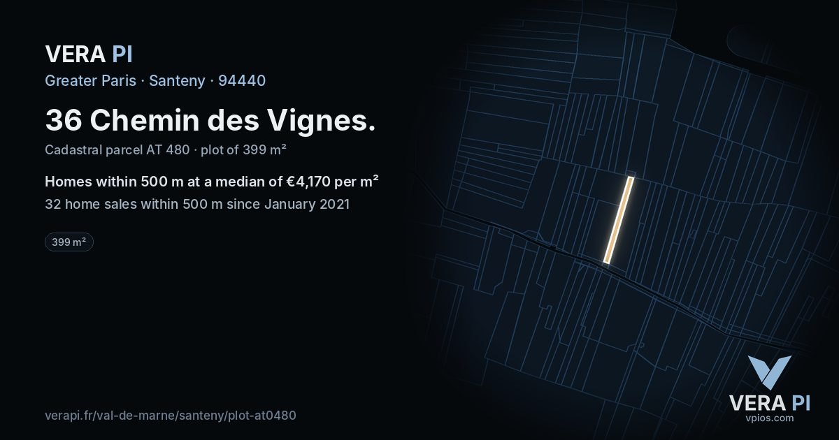 36 Chemin des Vignes, Santeny at night – the plot lit, the parcels around coloured by the prices near them