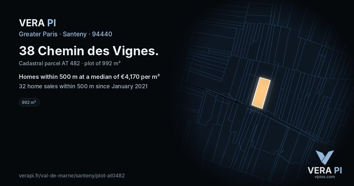 38 Chemin des Vignes, Santeny at night – the plot lit, the parcels around coloured by the prices near them