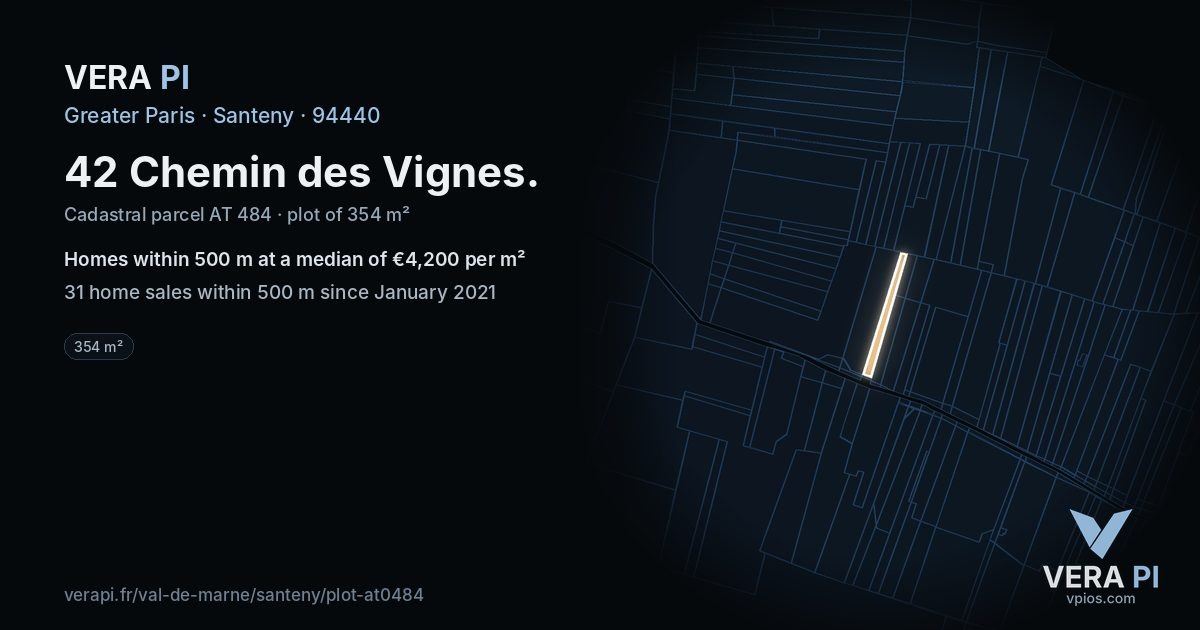 42 Chemin des Vignes, Santeny at night – the plot lit, the parcels around coloured by the prices near them
