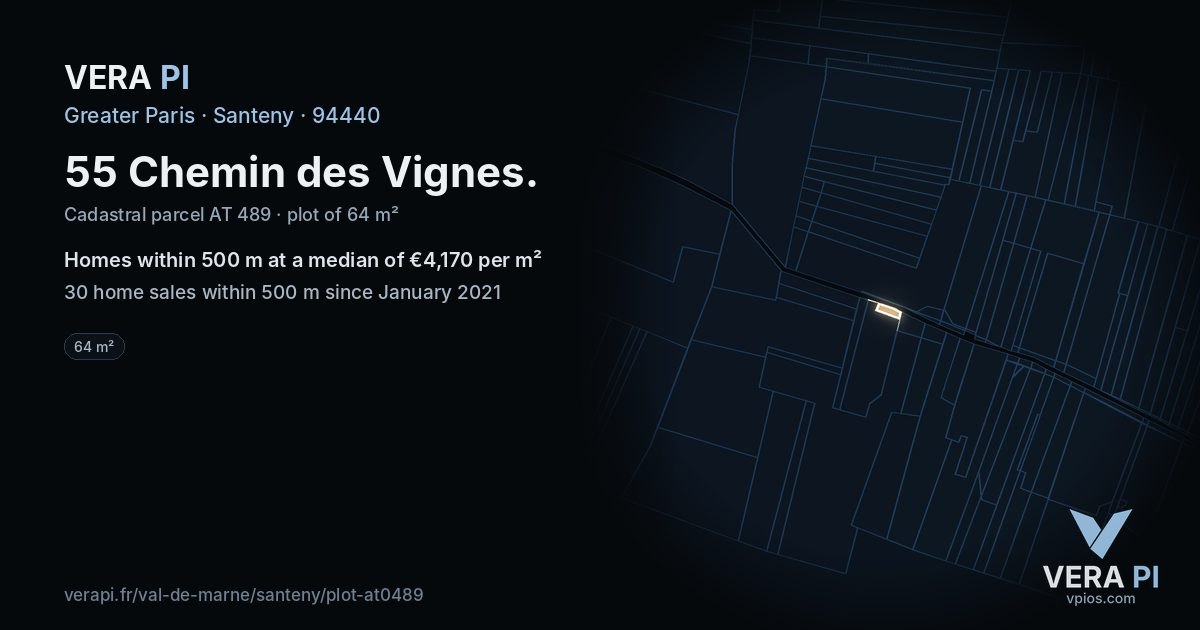 55 Chemin des Vignes, Santeny at night – the plot lit, the parcels around coloured by the prices near them
