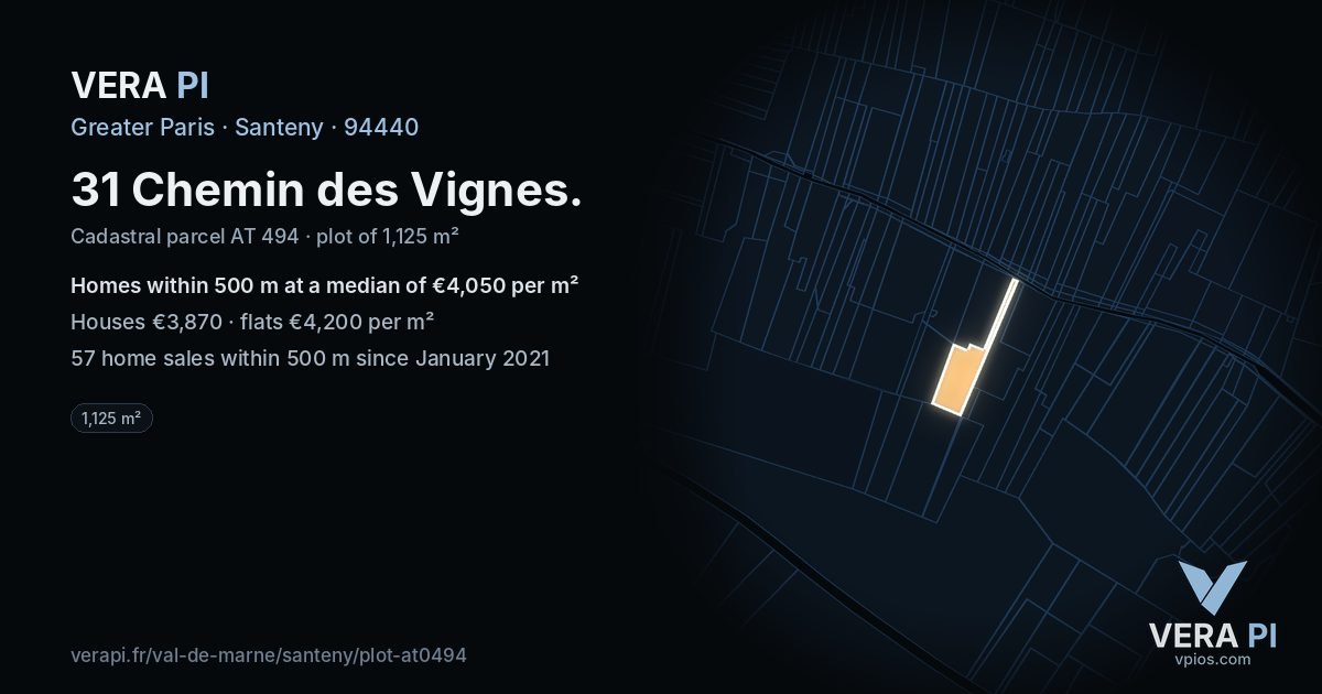 31 Chemin des Vignes, Santeny at night – the plot lit, the parcels around coloured by the prices near them