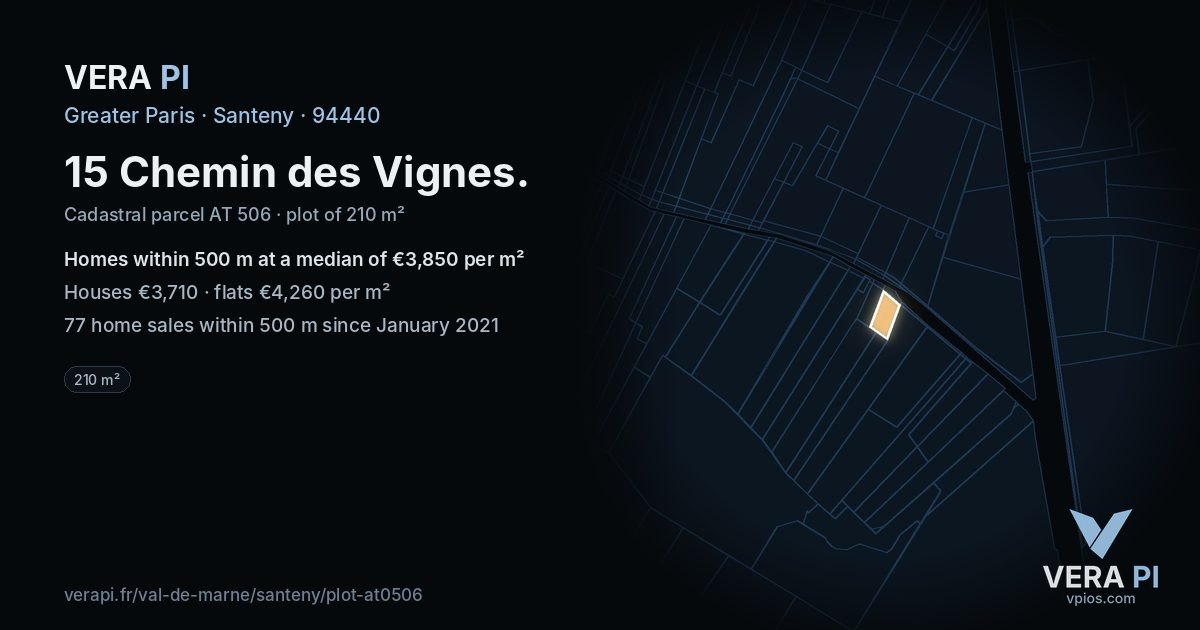 15 Chemin des Vignes, Santeny at night – the plot lit, the parcels around coloured by the prices near them
