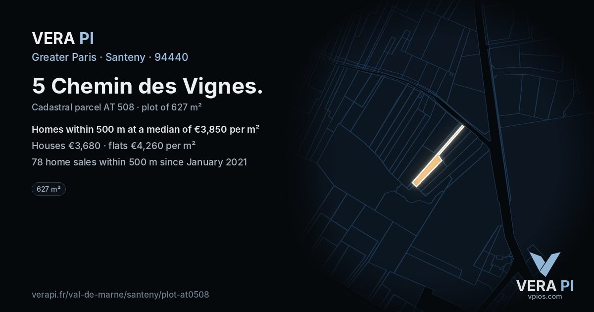 5 Chemin des Vignes, Santeny at night – the plot lit, the parcels around coloured by the prices near them