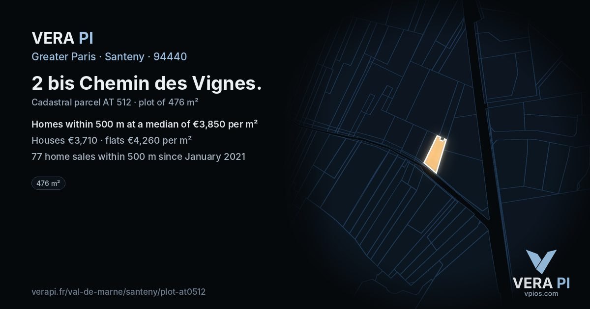 2 bis Chemin des Vignes, Santeny at night – the plot lit, the parcels around coloured by the prices near them