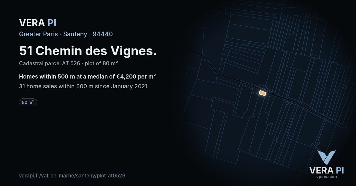 51 Chemin des Vignes, Santeny at night – the plot lit, the parcels around coloured by the prices near them