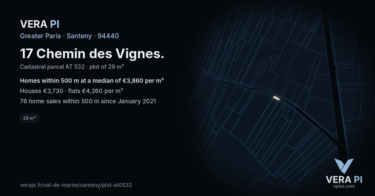 17 Chemin des Vignes, Santeny at night – the plot lit, the parcels around coloured by the prices near them