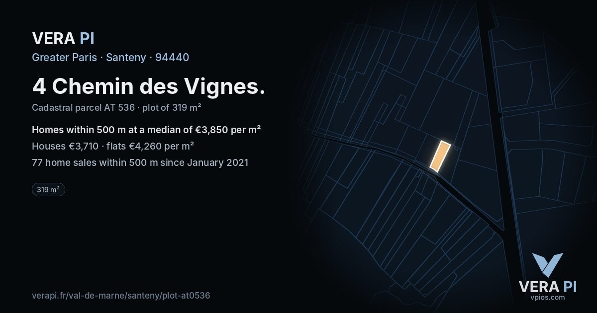 4 Chemin des Vignes, Santeny at night – the plot lit, the parcels around coloured by the prices near them