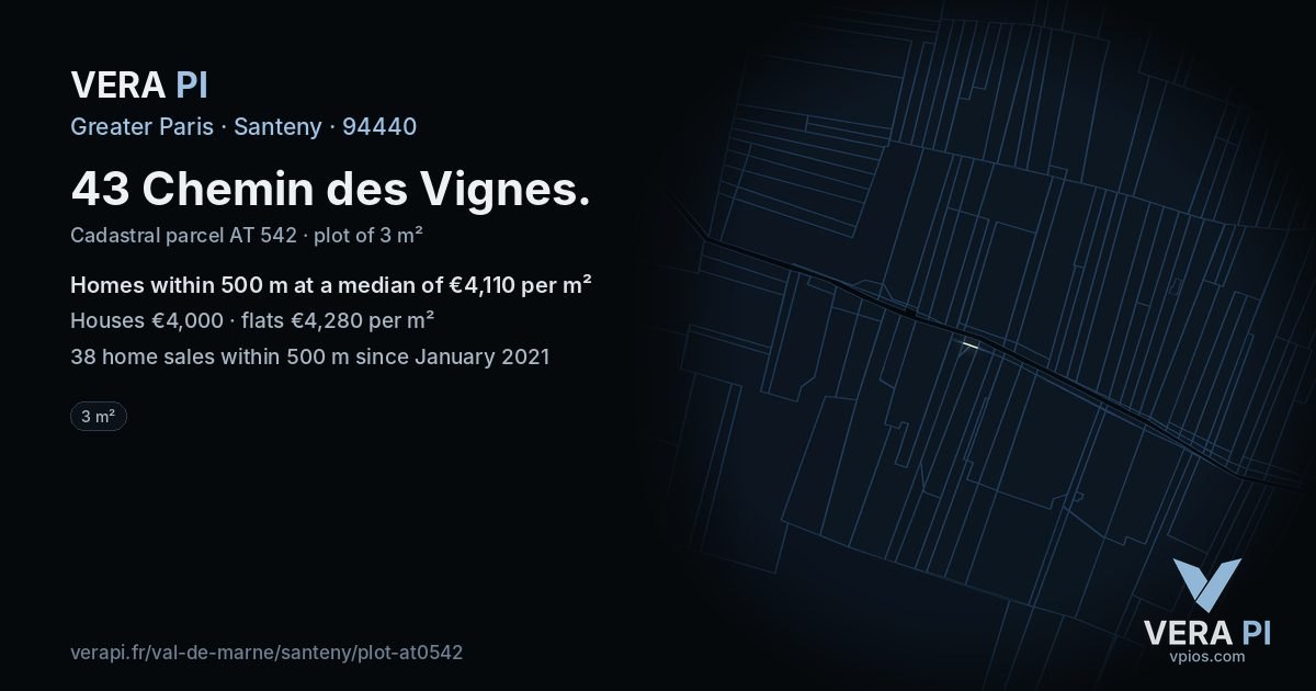 43 Chemin des Vignes, Santeny at night – the plot lit, the parcels around coloured by the prices near them