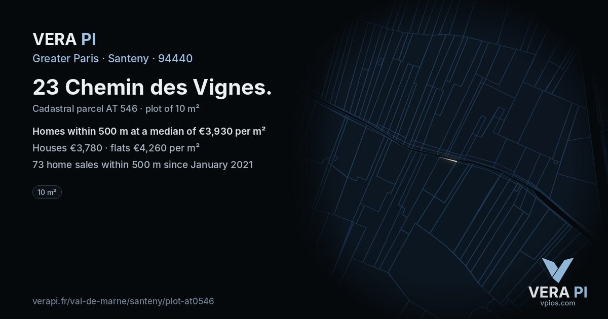 23 Chemin des Vignes, Santeny at night – the plot lit, the parcels around coloured by the prices near them