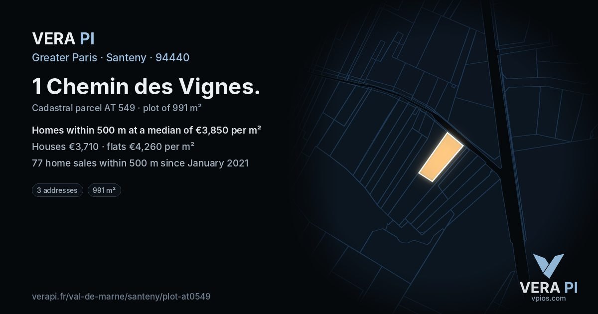 1 Chemin des Vignes, Santeny at night – the plot lit, the parcels around coloured by the prices near them