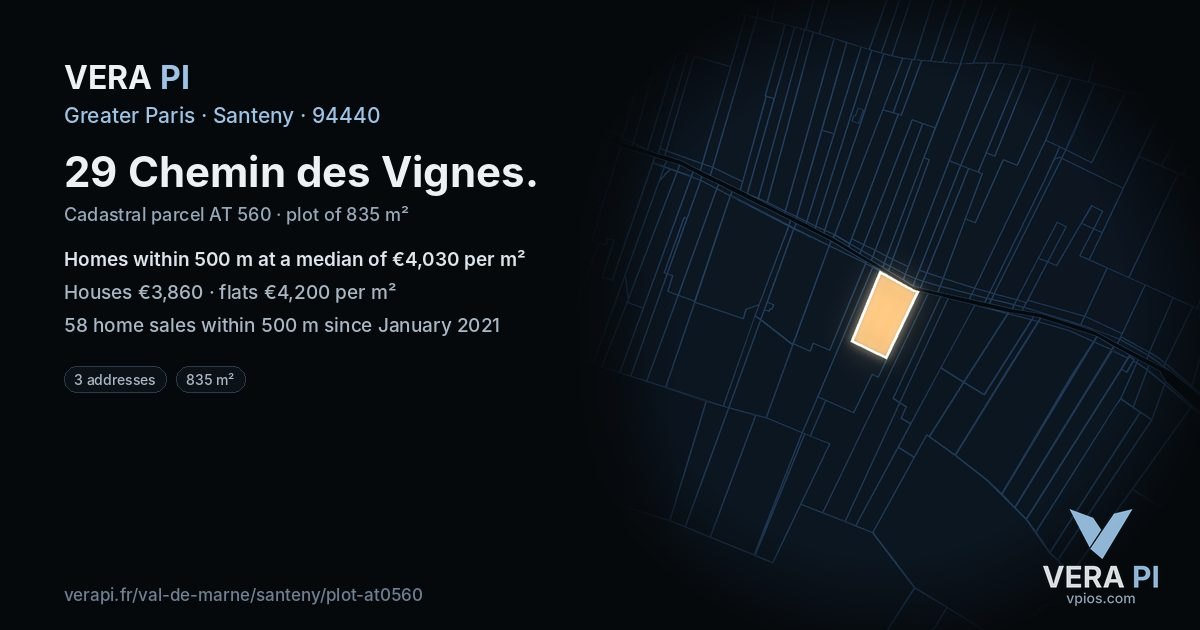 29 Chemin des Vignes, Santeny at night – the plot lit, the parcels around coloured by the prices near them