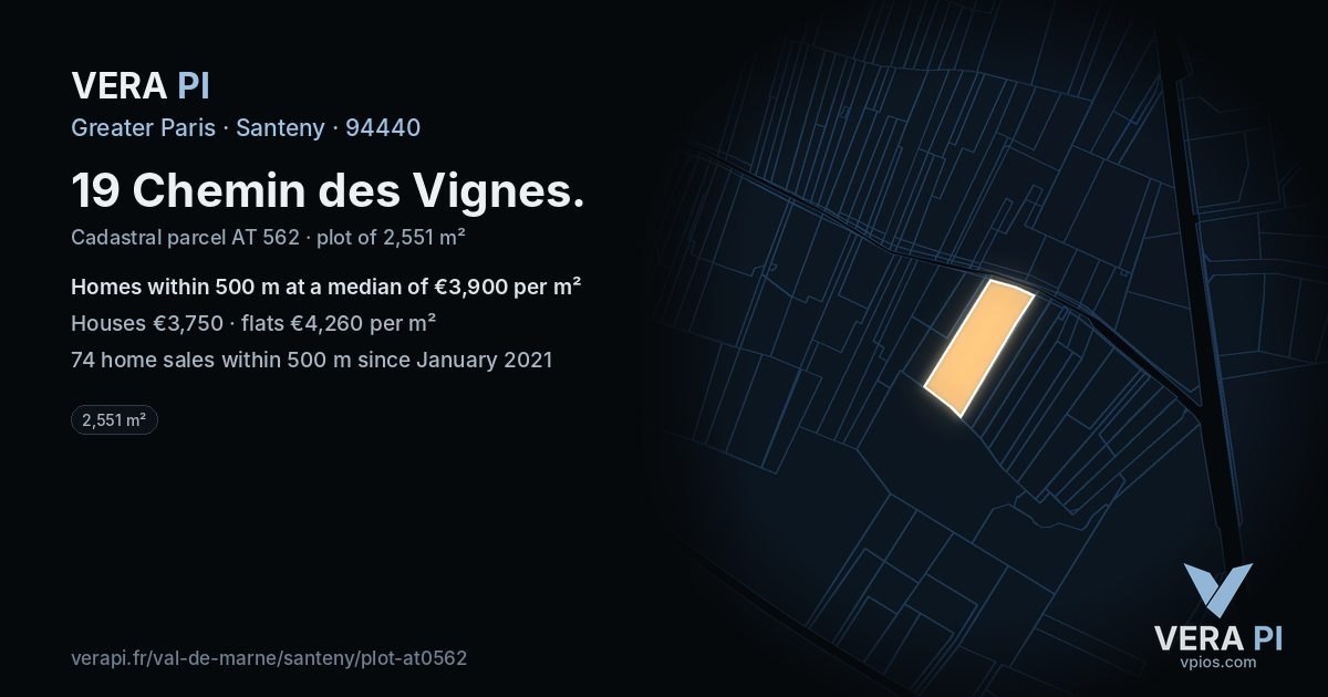 19 Chemin des Vignes, Santeny at night – the plot lit, the parcels around coloured by the prices near them