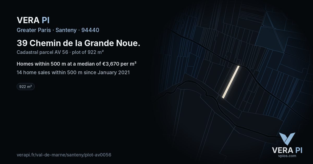 39 Chemin de la Grande Noue, Santeny at night – the plot lit, the parcels around coloured by the prices near them