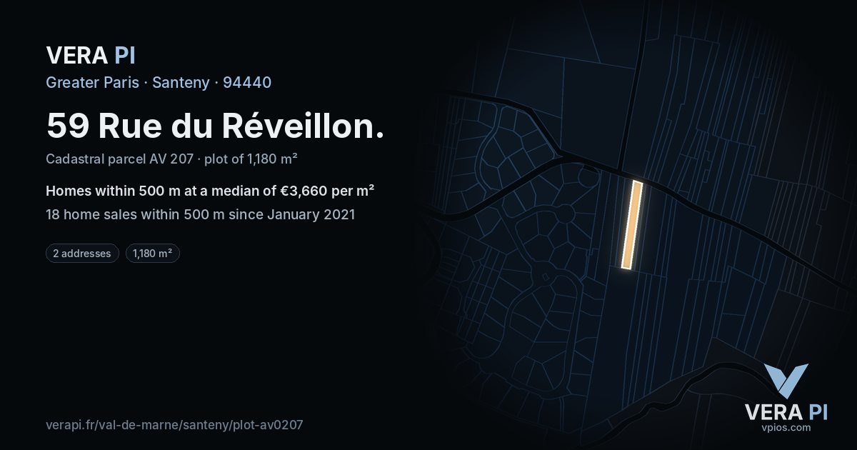 59 Rue du Réveillon, Santeny at night – the plot lit, the parcels around coloured by the prices near them
