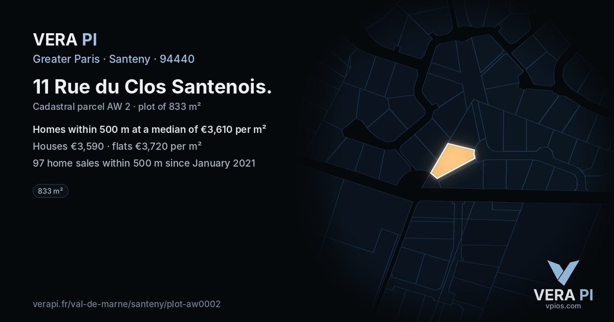 11 Rue du Clos Santenois, Santeny at night – the plot lit, the parcels around coloured by the prices near them