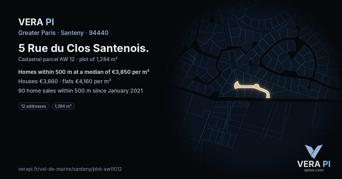 5 Rue du Clos Santenois, Santeny at night – the plot lit, the parcels around coloured by the prices near them