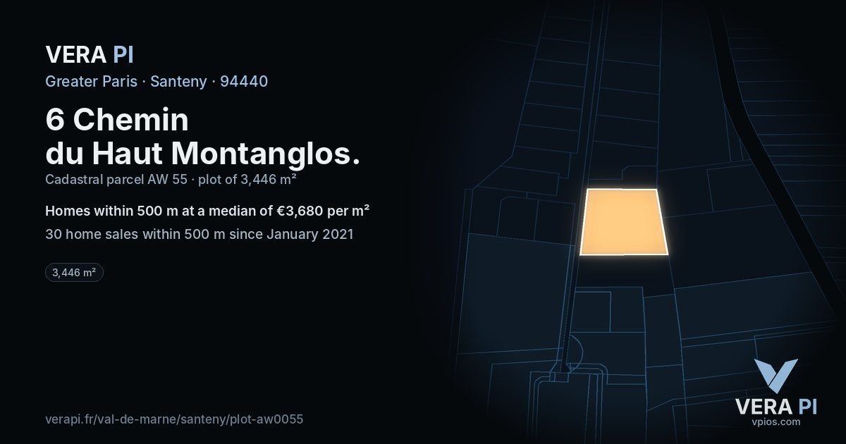 6 Chemin du Haut Montanglos, Santeny at night – the plot lit, the parcels around coloured by the prices near them