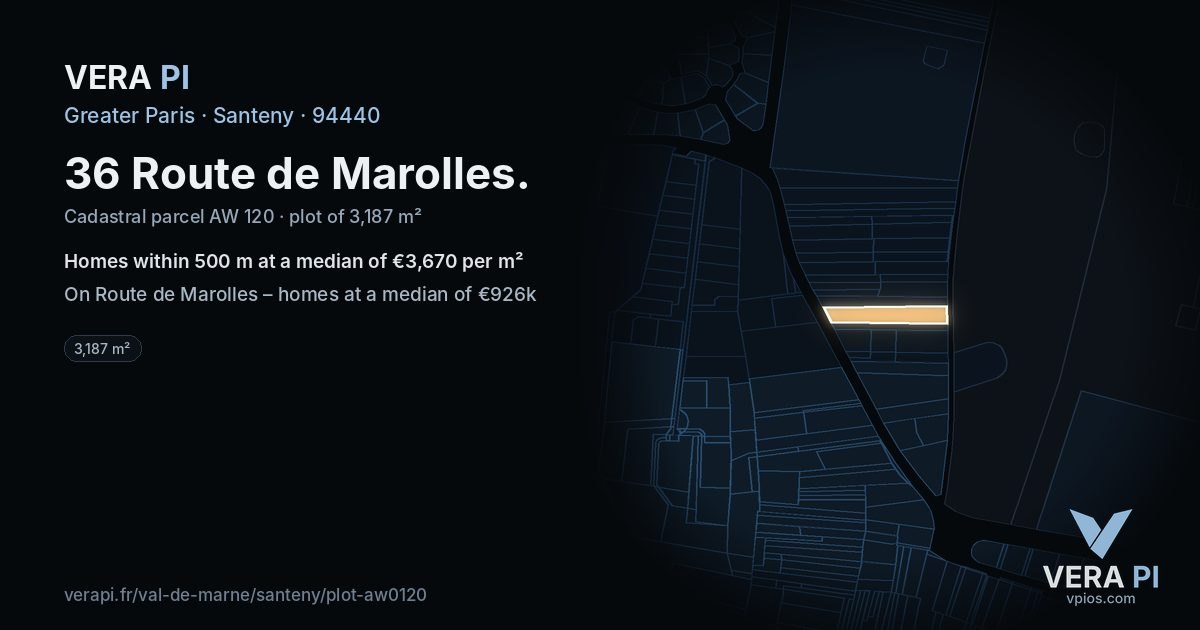 36 Route de Marolles, Santeny at night – the plot lit, the parcels around coloured by the prices near them