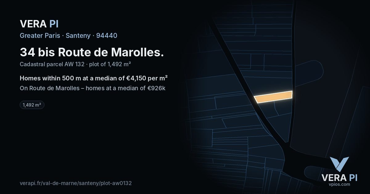 34 bis Route de Marolles, Santeny at night – the plot lit, the parcels around coloured by the prices near them