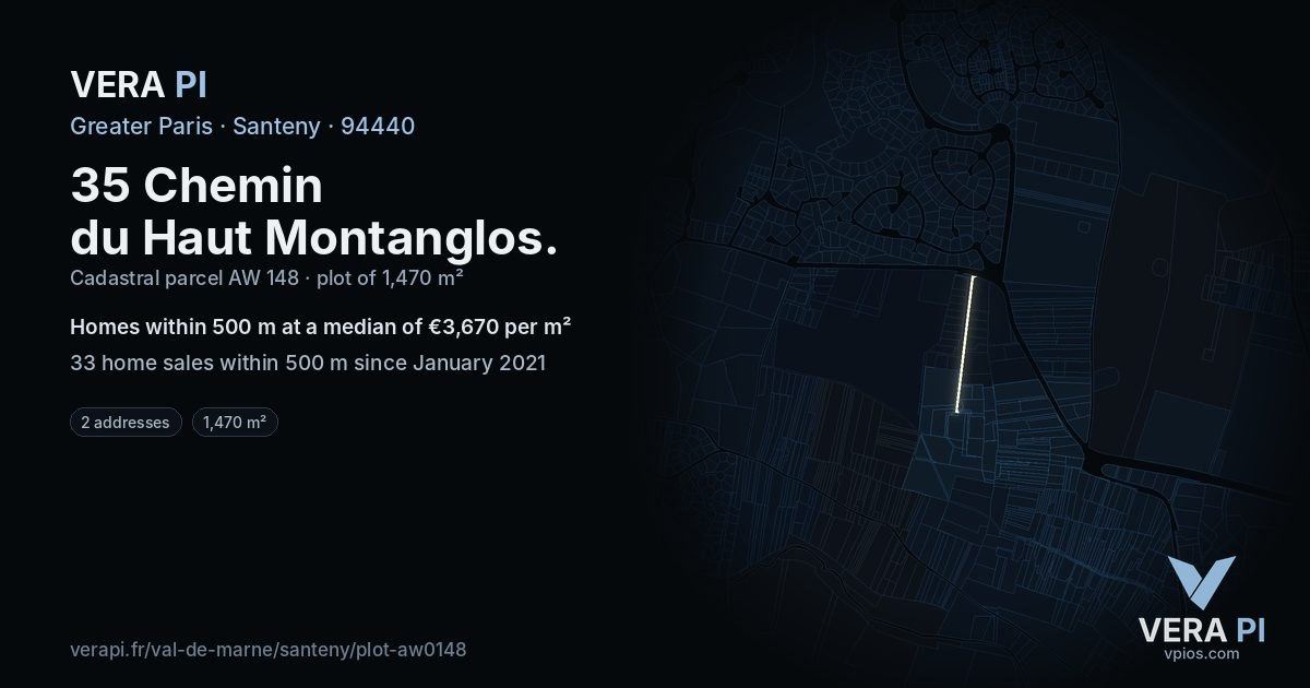 35 Chemin du Haut Montanglos, Santeny at night – the plot lit, the parcels around coloured by the prices near them