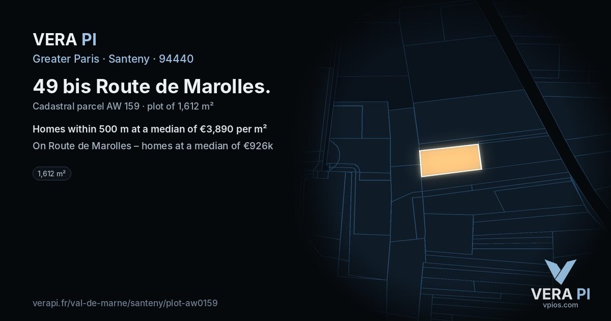 49 bis Route de Marolles, Santeny at night – the plot lit, the parcels around coloured by the prices near them