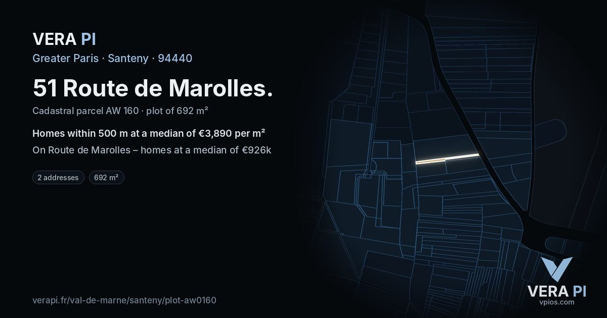 51 Route de Marolles, Santeny at night – the plot lit, the parcels around coloured by the prices near them