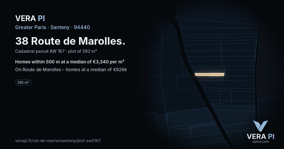 38 Route de Marolles, Santeny at night – the plot lit, the parcels around coloured by the prices near them