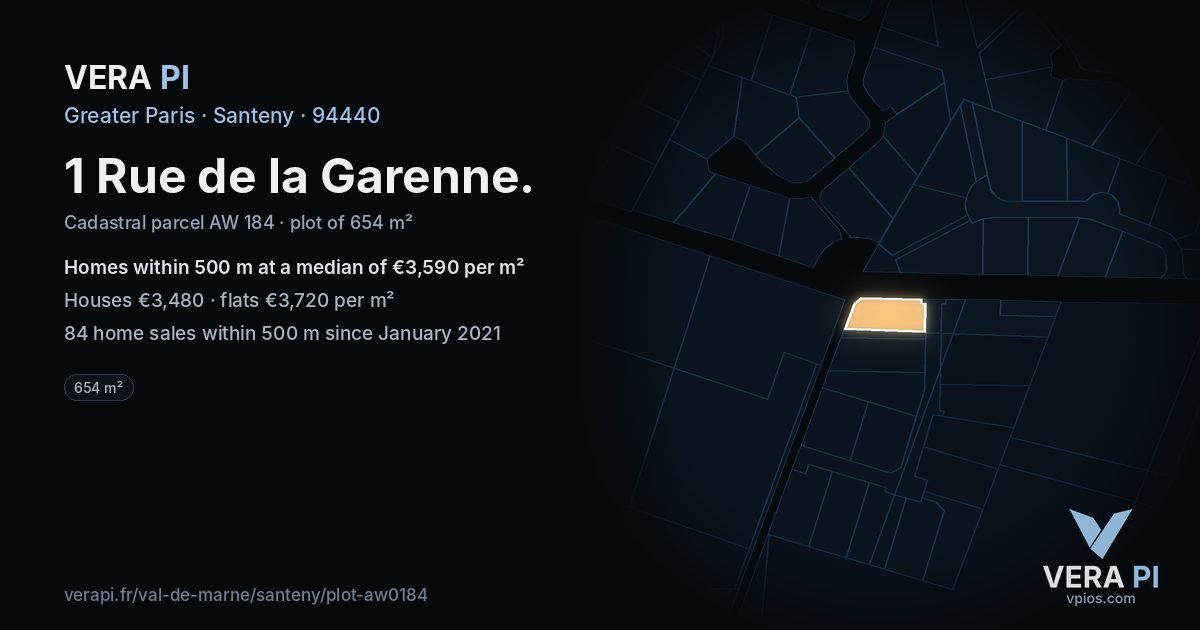 1 Rue de la Garenne, Santeny at night – the plot lit, the parcels around coloured by the prices near them