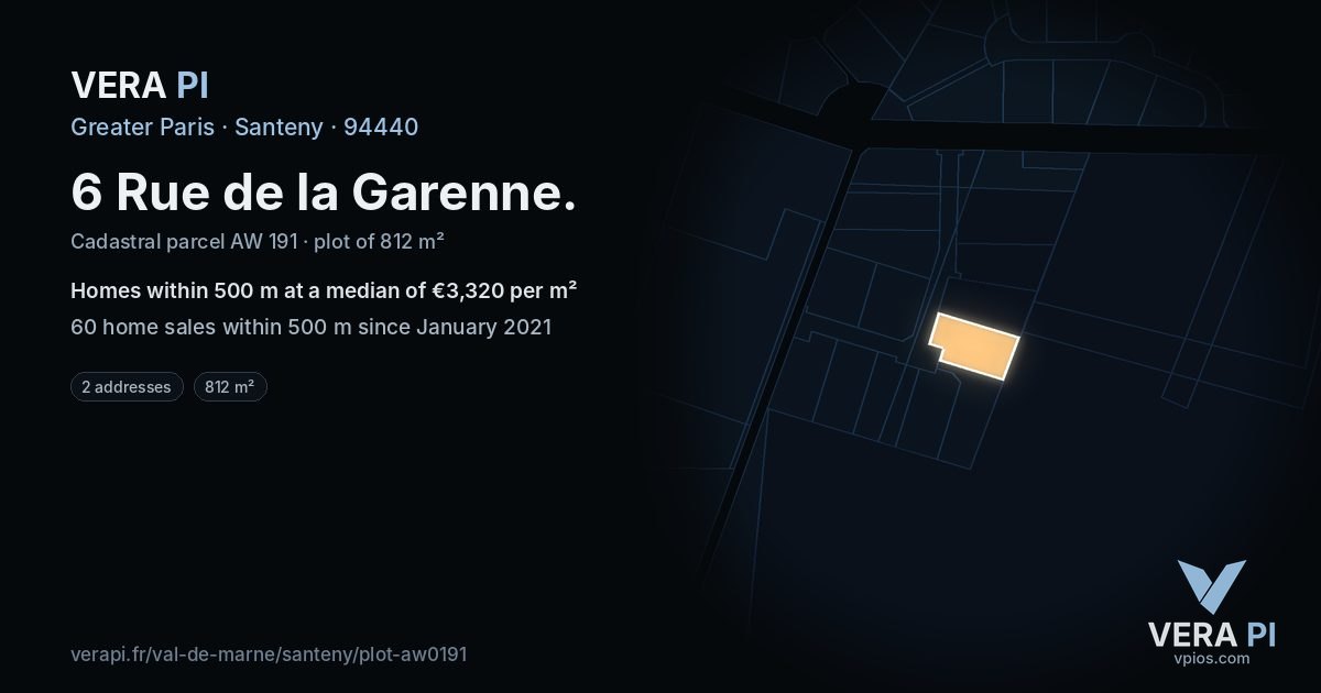 6 Rue de la Garenne, Santeny at night – the plot lit, the parcels around coloured by the prices near them