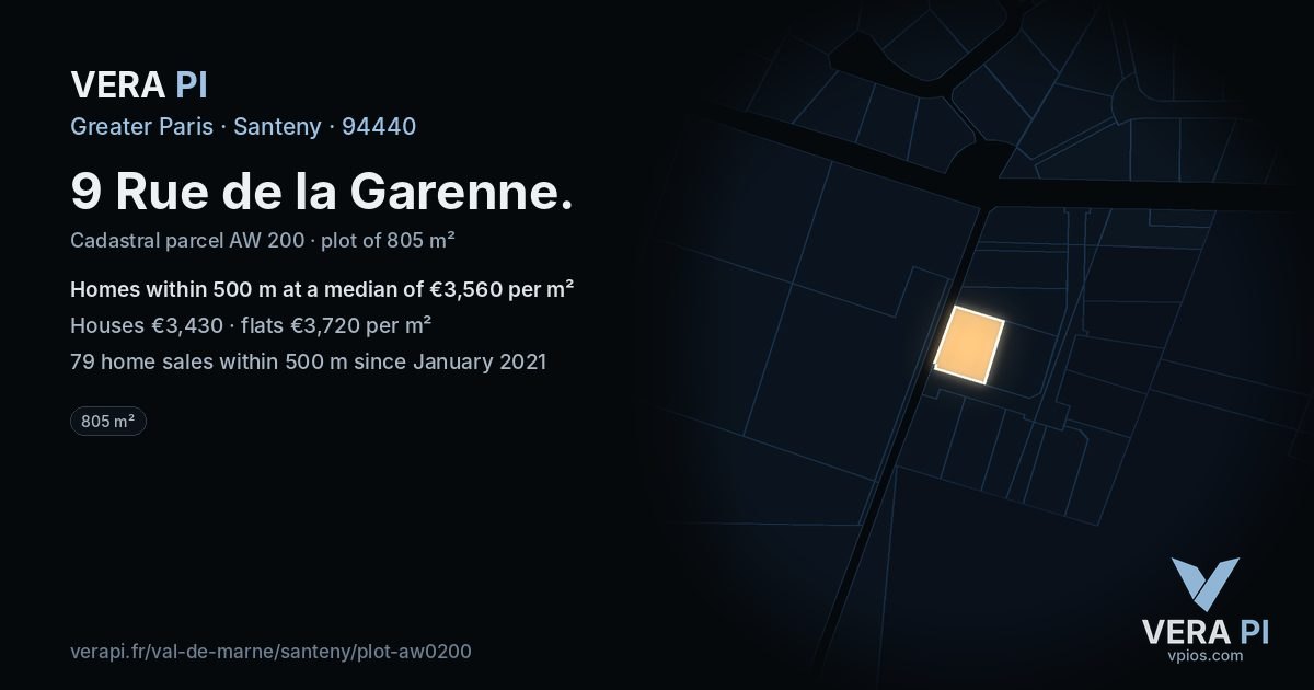 9 Rue de la Garenne, Santeny at night – the plot lit, the parcels around coloured by the prices near them