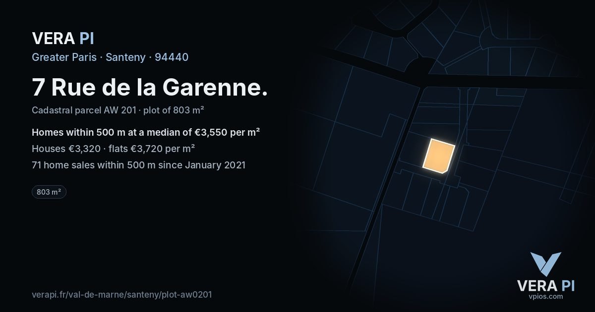 7 Rue de la Garenne, Santeny at night – the plot lit, the parcels around coloured by the prices near them