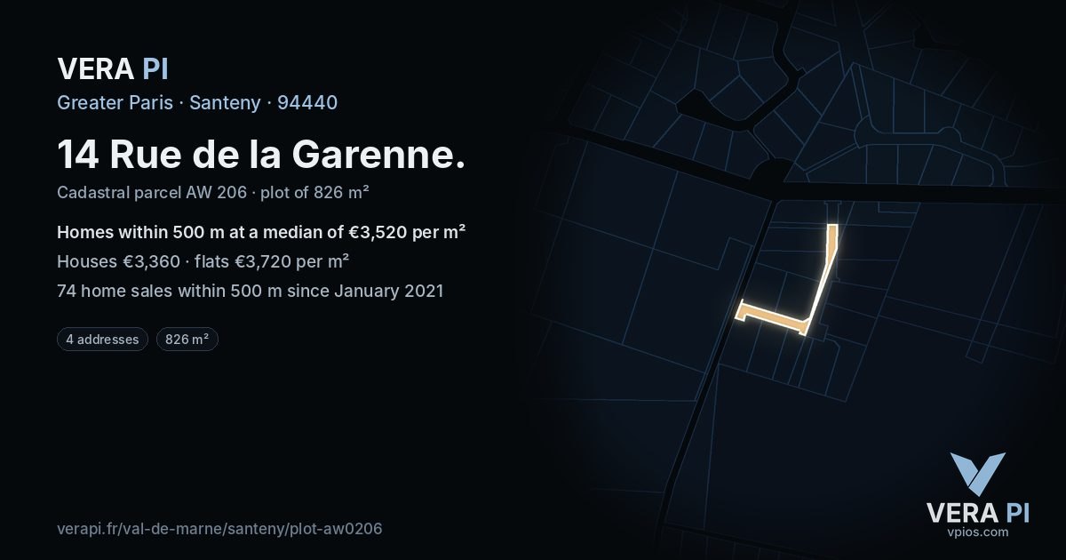 14 Rue de la Garenne, Santeny at night – the plot lit, the parcels around coloured by the prices near them