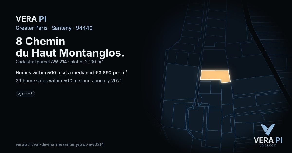 8 Chemin du Haut Montanglos, Santeny at night – the plot lit, the parcels around coloured by the prices near them