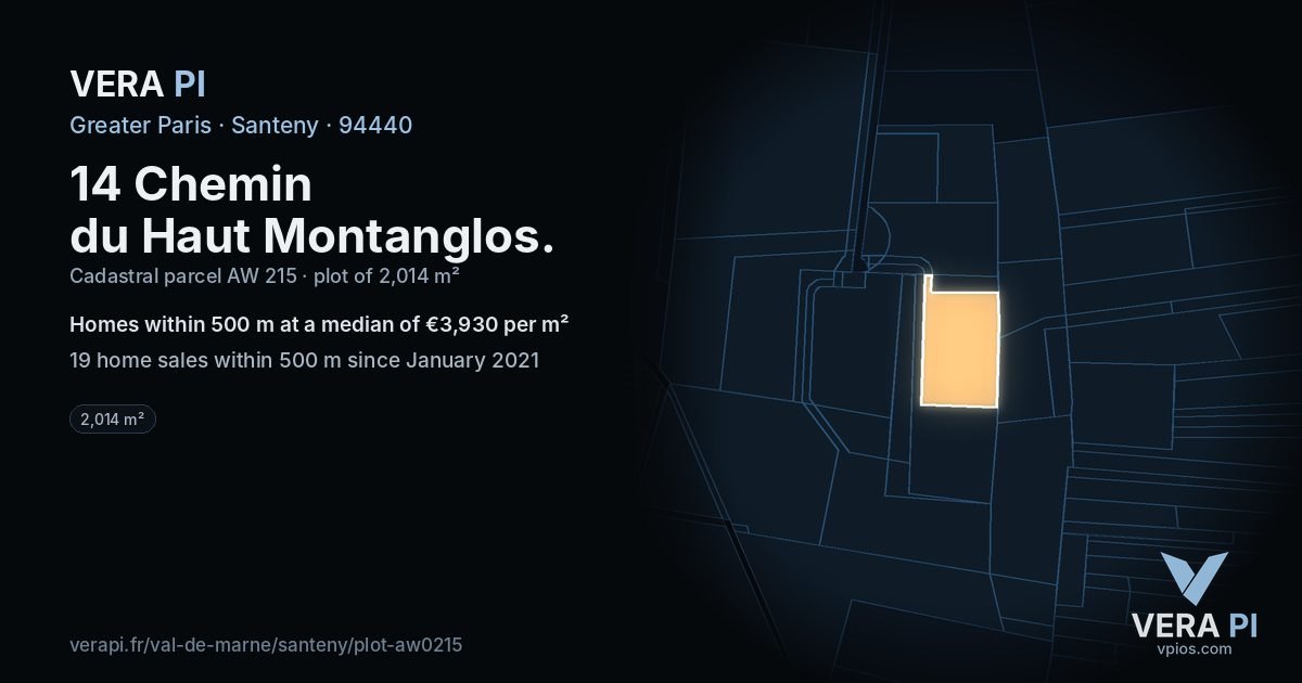 14 Chemin du Haut Montanglos, Santeny at night – the plot lit, the parcels around coloured by the prices near them