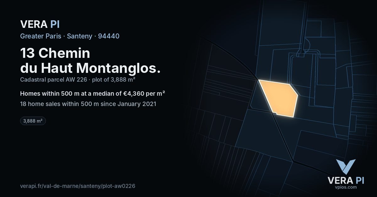 13 Chemin du Haut Montanglos, Santeny at night – the plot lit, the parcels around coloured by the prices near them