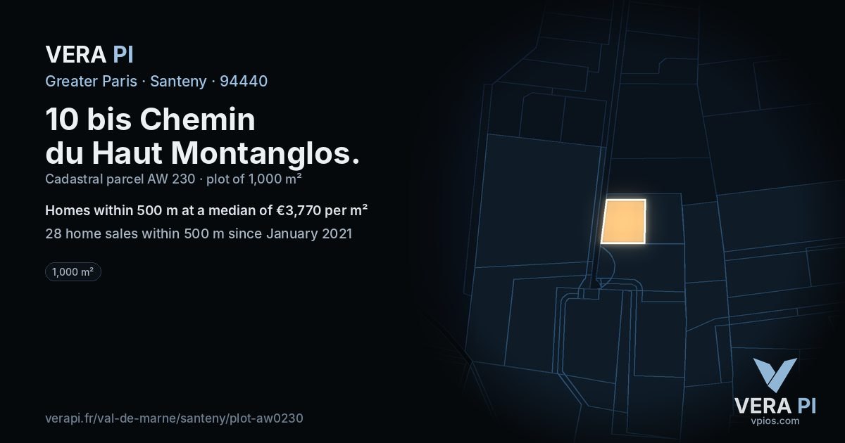 10 bis Chemin du Haut Montanglos, Santeny at night – the plot lit, the parcels around coloured by the prices near them