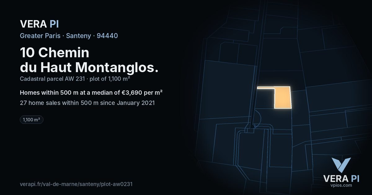 10 Chemin du Haut Montanglos, Santeny at night – the plot lit, the parcels around coloured by the prices near them